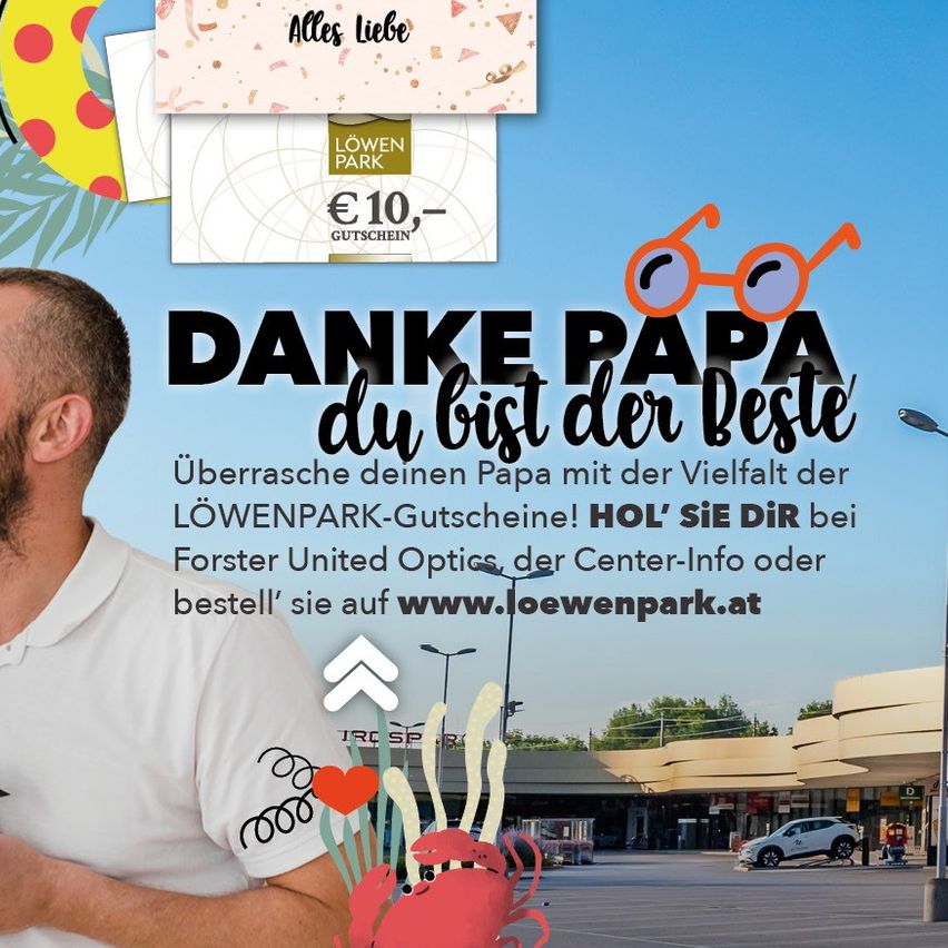 A poster shows a man smiling and holding a crab. It says 'DANKE PAPA du bist der Beste'. There are vouchers and an advertisement for Forster United Optics.