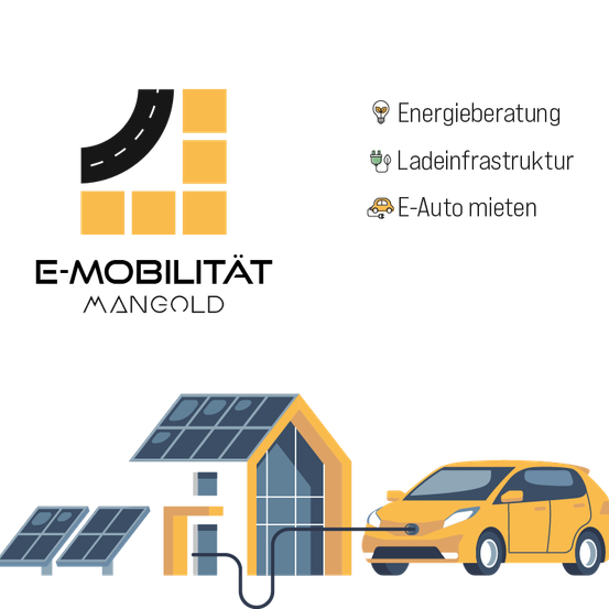 Ein Infographic zeigt ein gelbes Elektroauto, das an einem Haus mit Solarpaneelen auflädt. Oben repräsentieren drei Symbole Energieberatung, Ladeinfrastruktur und Mieten von Elektroautos. Der Markenname "MANGOLD" ist zu sehen.