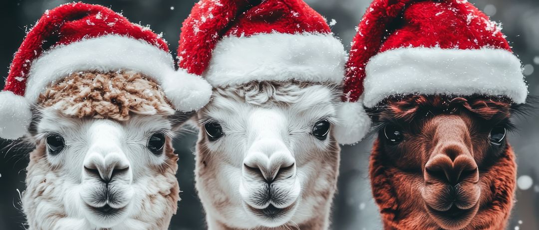 Drei Alpakas in Santa-Hüten stehen dicht beieinander in einer verschneiten Landschaft. Der Schnee fällt sanft um sie herum.
