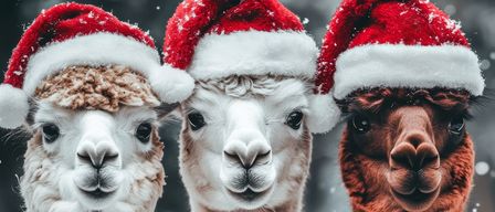 Drei Alpakas in Santa-Hüten stehen dicht beieinander in einer verschneiten Landschaft. Der Schnee fällt sanft um sie herum.
