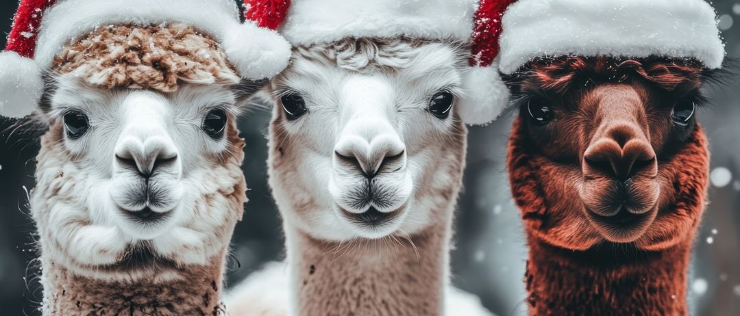 Three alpacas stand side by side in snowy weather, each wearing a red Santa hat with white fur trim. Their coats are brown and white, and they appear to be gazing into the distance.