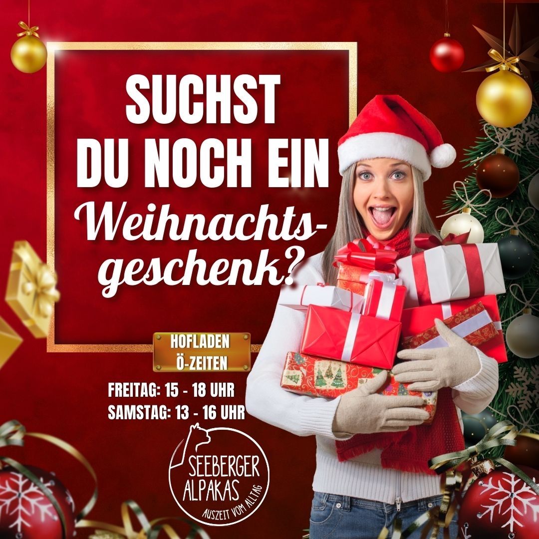 Eine Frau in einem Weihnachtsmannhut hält Geschenke und bewirbt Öffnungszeiten am Freitag und Samstag.
