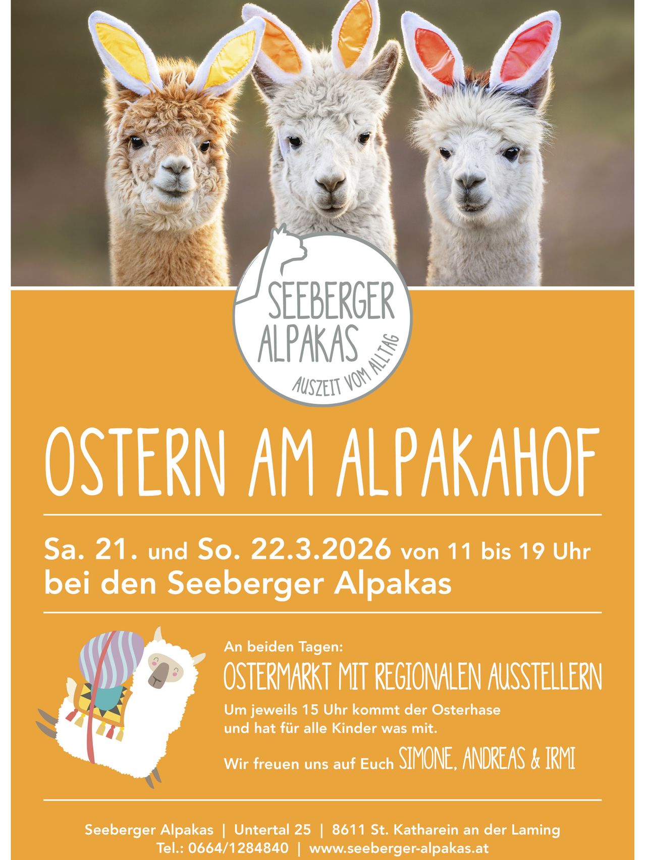 Plakat für Ostern auf dem Seeberger Alpakas-Hof am 21. und 22. März 2026. Die Veranstaltung läuft von 11 bis 19 Uhr. Inklusive Ostermarkt und regionalen Ausstellern. Osterkörbchen und Leckereien für Kinder.