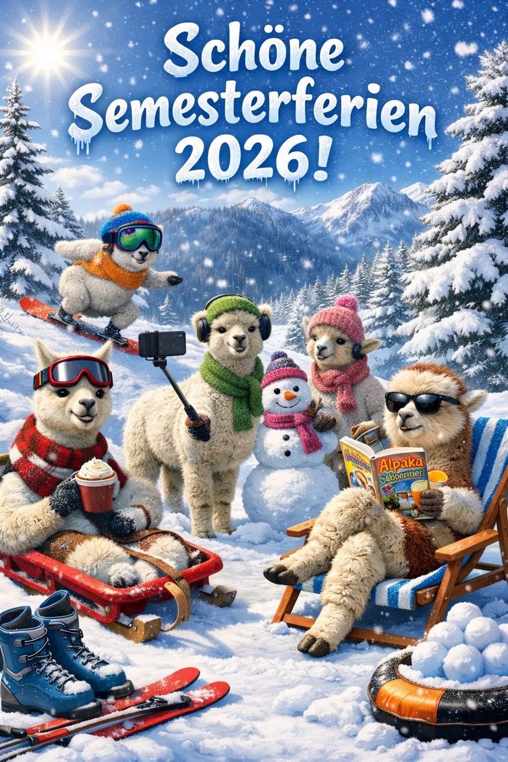 A group of alpacas dressed in winter clothing pose for a photo. One is snowboarding, one holds a camera, one reads a book, and another drinks a cup of coffee. A snowman stands behind them.