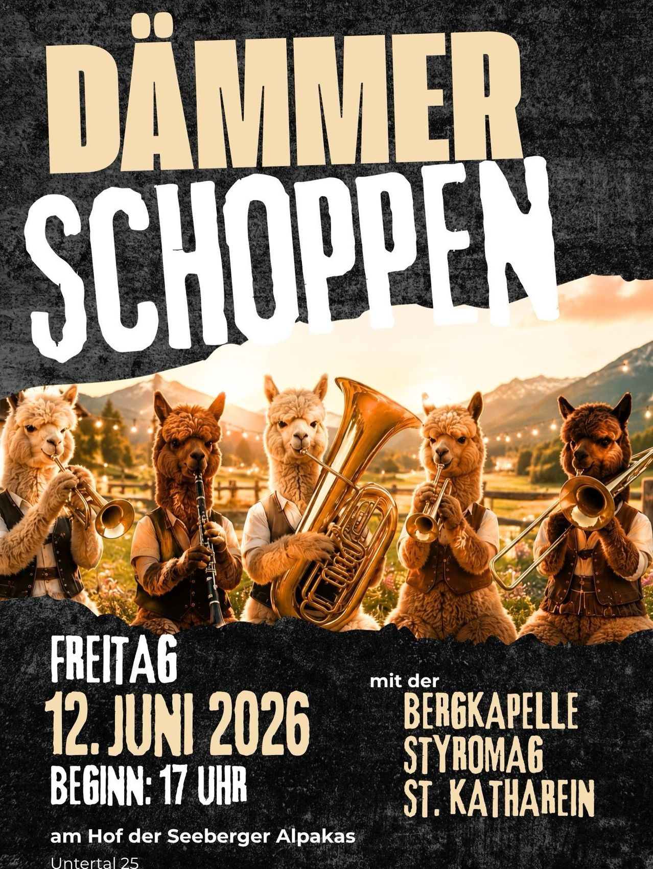 An advertisement for Dammer Schoppen features alpacas dressed as musicians, playing instruments on a stage set against a mountainous backdrop. The event is scheduled for Friday, June 12, 2026.
