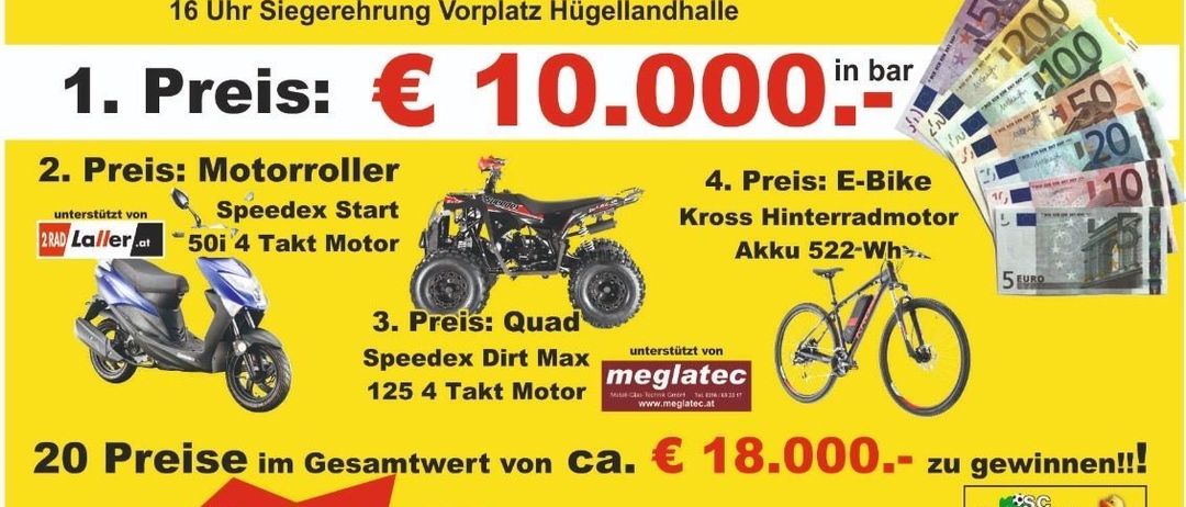 Plakat für eine Modellflugclub-Veranstaltung am 18. Oktober 2025 in St. Margarethen/R. Mit einem Modellflugzeug-Show, einer Verlosung mit Preisen wie Bargeld, einem Quad-Bike und einem E-Bike. Der Eintritt ist frei, und Gewinner werden per Name und Adresse benachrichtigt.