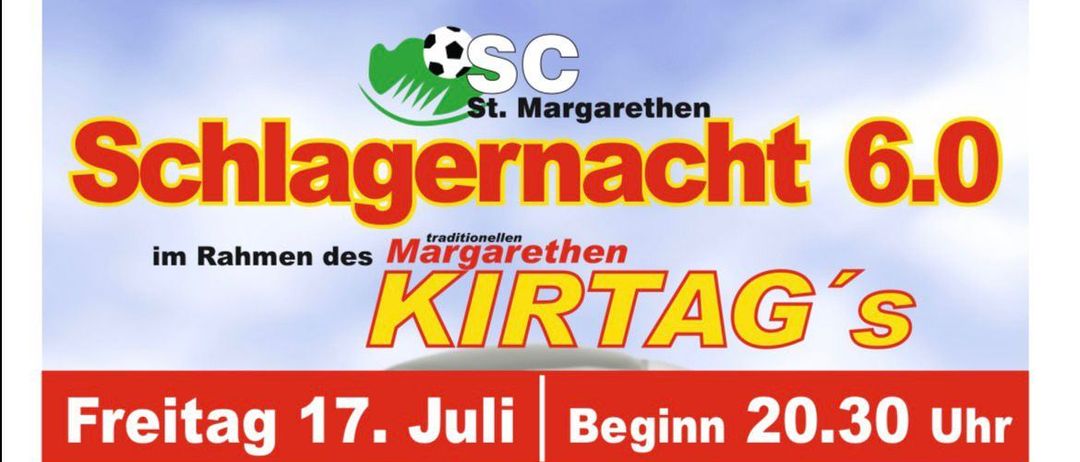 Plakat für Schlagernacht 6.0. Es zeigt einen lächelnden Mann und DJ Erich Fuchs. Die Veranstaltung findet am 17. Juli um 20:30 Uhr statt. Tickets kosten 7 Euro und Ermäßigungen 10 Euro.