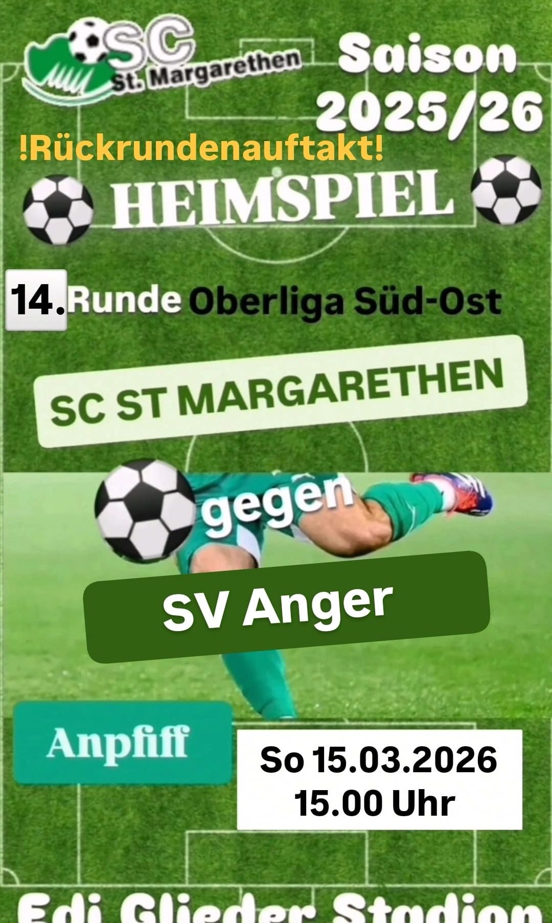 Plakat für ein Fußballspiel der 14. Runde der Oberliga Süd-Ost. Es zeigt SC St. Margarethen gegen SV Anger. Ein Spieler tritt einen Fußball.