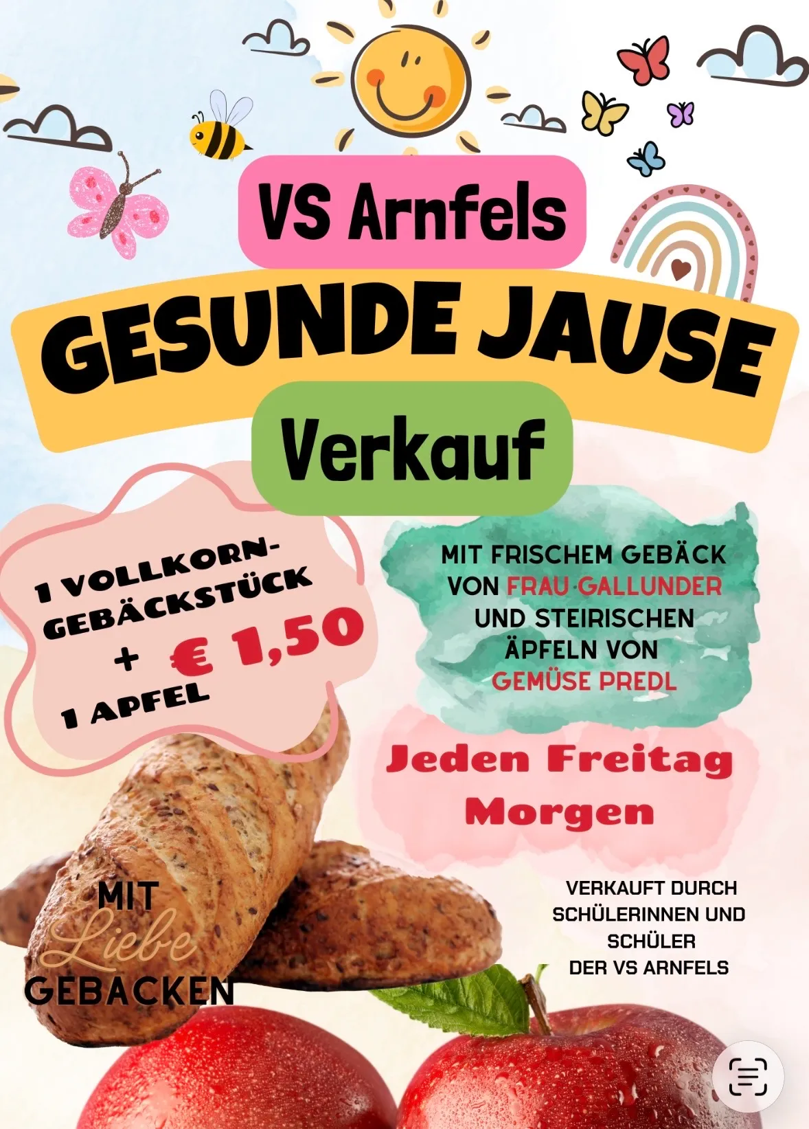Werbeplakat für gesunde Snacks mit Vollkornbrot, Äpfeln und frisch gebackenen Produkten von Frau Gallunder und Steirischen Apfel. Jeden Freitagmorgen erhältlich.
