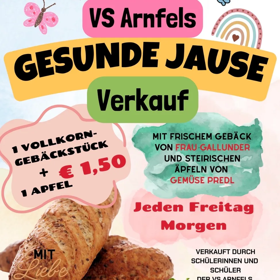 Werbeplakat für gesunde Snacks mit Vollkornbrot, Äpfeln und frisch gebackenen Produkten von Frau Gallunder und Steirischen Apfel. Jeden Freitagmorgen erhältlich.