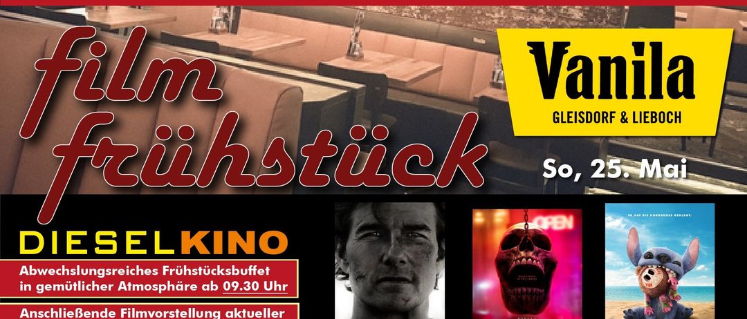 Filmposter für einen Filmbrunch mit einem Manngesicht aus dem Film 'Mission Impossible: The Final Reckoning' und einem Schädel aus 'Final Destination: Bloodlines'.