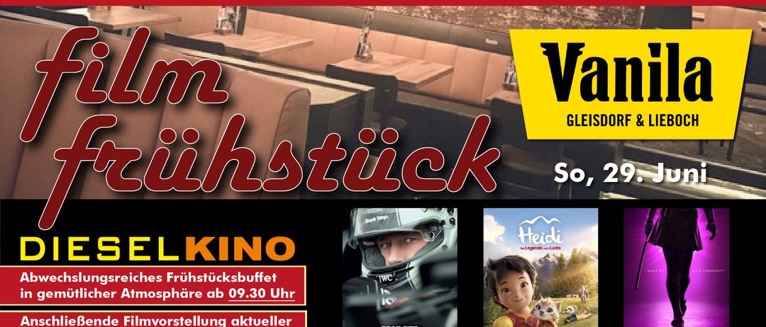 Ein Film-Brunch-Poster zeigt eine Tischlandschaft, eine Person mit Helm und ein Kind mit Katze. Der Text lautet 'Verfekkter Film-Brunch vom Gleichstock So,' mit zusätzlichen Details zu Frühstücksbuffet, Filmvorführungen und einem Filmplakat für 'Heidi.'