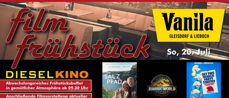 Werbung für einen Film-Brunch in einem Restaurant. Die Veranstaltung bietet ein Frühstücksbuffet, aktuelle Familienfilme und ein Filmplakat für Jurassic World Rebirth.