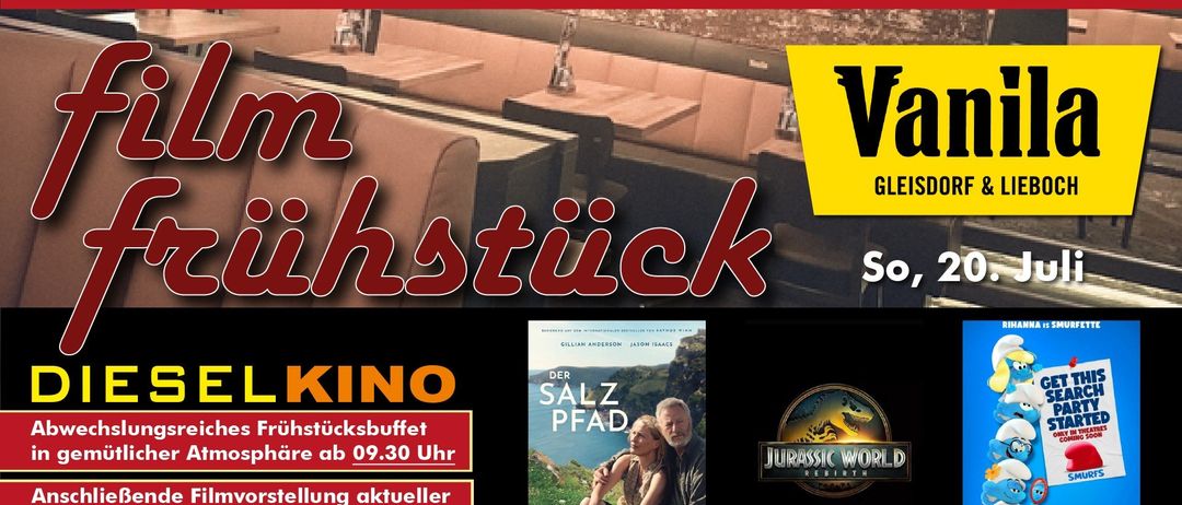 Werbung für einen Film-Brunch in einem Restaurant. Die Veranstaltung bietet ein Frühstücksbuffet, aktuelle Familienfilme und ein Filmplakat für Jurassic World Rebirth.