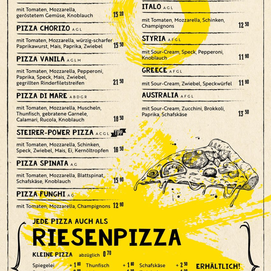 Menü von Pizzen mit Preisen. Die Pizzen enthalten Zutaten wie Tomaten, Mozzarella, Champignons und verschiedene Fleischsorten. Zusätzliche Beläge umfassen Pepperoni, Saure Sahne und mehr. Jede Pizza kann als große Größe bestellt werden.