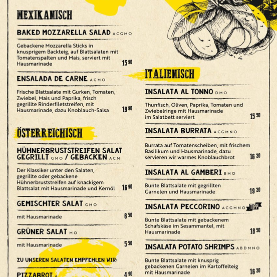 Ein Menü listet verschiedene Salate in unterschiedlichen Stilen auf: Mexikanisch mit gebackener Mozzarella, Italienisch mit Thunfisch und Oliven, Österreichisch mit gegrilltem Hähnchenbruststreifen. Die Preise reichen von 5,50 bis 19,90.