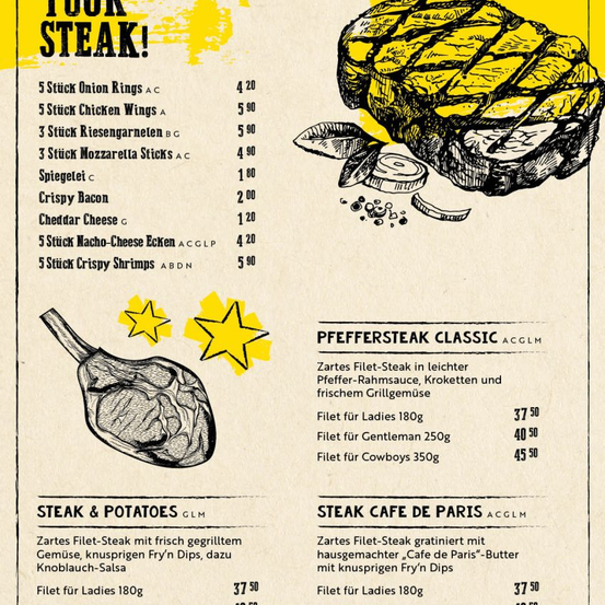 Das Bild ist eine Speisekarte mit einem gegrillten Steak, verschiedenen Toppings und Beilagenoptionen. Es listet Preise für verschiedene Steakportionen, knusprigen Speck und Garnierungen auf. Es werden zwei Steakgerichte beschrieben: 'Pfeffersteak Classic' und 'Steak Cafe de Paris'.