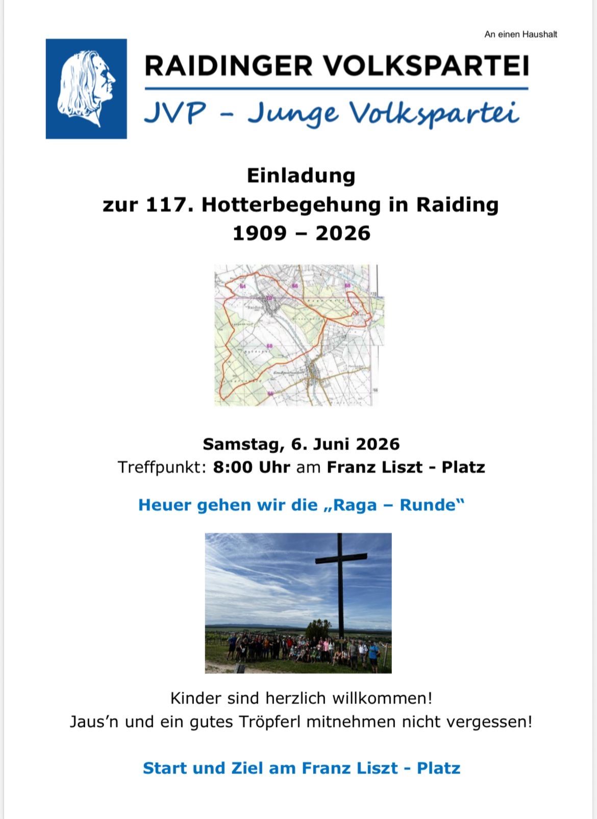 Invitation to the 117th hot air balloon ride in Raiding 1909-2026. Meeting point is at 8:00 am on Franz Liszt Square. Today we will do the Raga-Runde. Children are warmly welcome!
