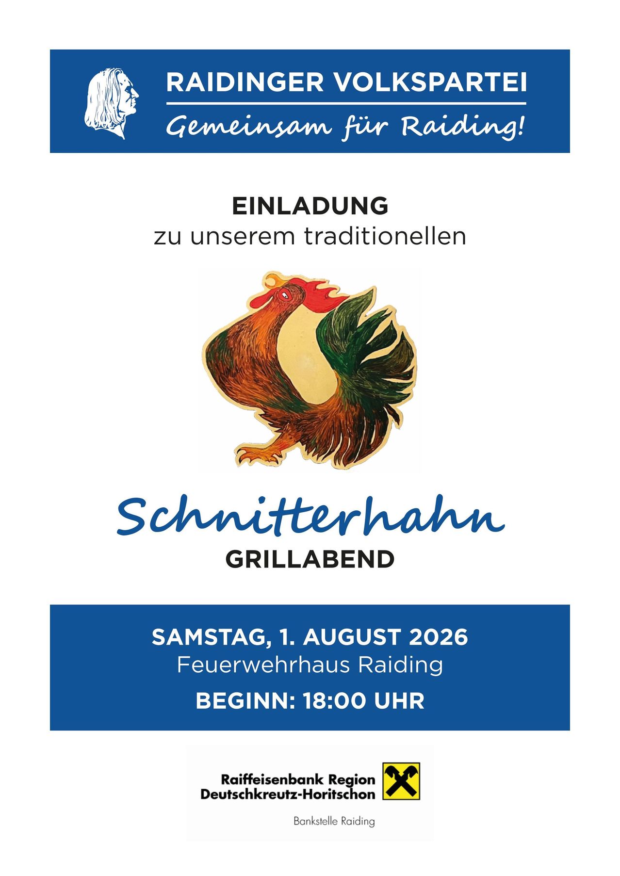 An invitation to our traditional rooster barbecue. The event will take place at the fire station in Raiding on Saturday, August 1, 2026, starting at 18:00.