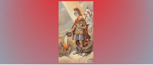 Eine Illustration zeigt einen römischen Soldaten mit einem Kreuz, der über einem Feuer steht.