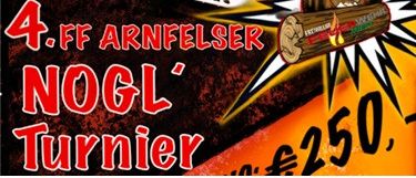 Plakat für das Nogl'Turnier-Event im Rusthaus am 18. Oktober. Anmeldung um 14:00 Uhr, Beginn um 15:00 Uhr. Eine Axt spaltet einen Baumstamm mit dem Text '4. FF Arnfelser Nogl'Turnier'. Teilnahmegebühr ist 250 Euro.