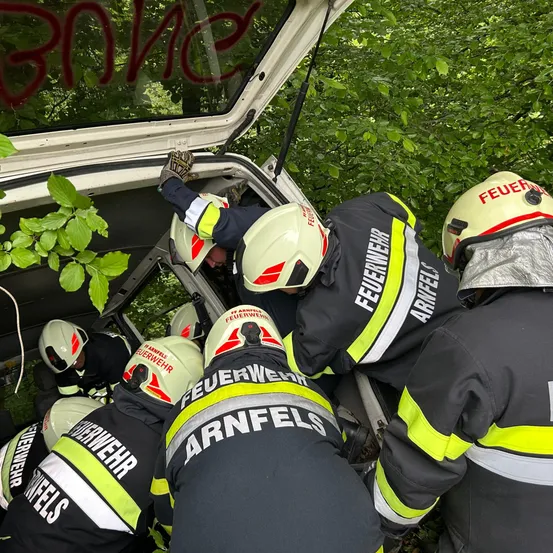 Mehrere Feuerwehrleute arbeiten zusammen, um eine Person aus einem Fahrzeug zu befreien. Sie tragen alle Helme und Uniformen, und das Fahrzeug ist von grünem Laub umgeben.