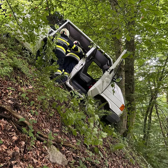 Feuerwehrleute retten eine Person aus einem weißen Van, der von der Straße in den Wald geraten ist. Das Fahrzeug ist geneigt und die Tür steht offen.