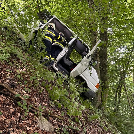 Feuerwehrleute retten eine Person aus einem weißen Van, der von der Straße in den Wald geraten ist. Das Fahrzeug ist geneigt und die Tür steht offen.