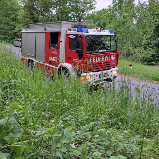 Ein roter Feuerwehrwagen fährt mit eingeschaltetem Licht auf der Straße und bewegt sich in Richtung einer grasbewachsenen Fläche.
