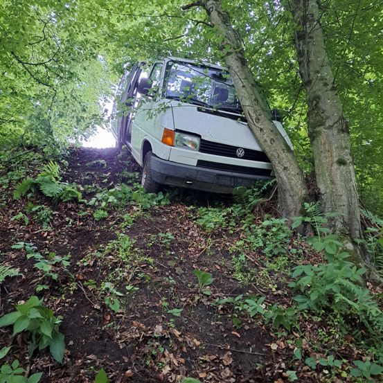 Ein weißer Volkswagen-Transporter steckt in einem Wald fest, eingeklemmt zwischen zwei Bäumen an einem steilen Hang.