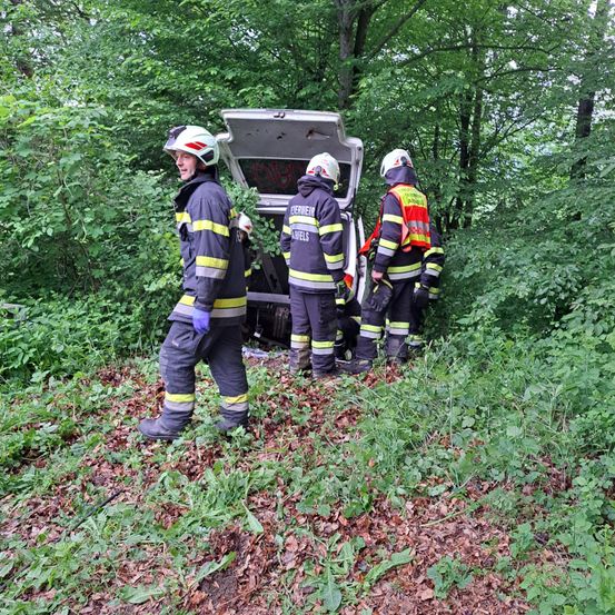 Eine Gruppe von Feuerwehrleuten in Schutzkleidung steht draußen bei einem Auto mit offenem Kofferraum. Sie stehen in einem Wald und einer von ihnen trägt einen Helm.