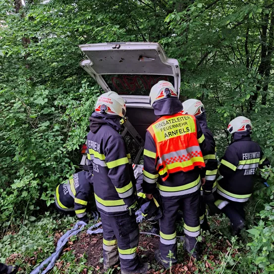 Feuerwehrleute arbeiten an einem Fahrzeug, das in einen Wald gecrasht ist, einer von ihnen trägt eine reflektierende orange Weste mit dem Text 'Einsatzleiter'.