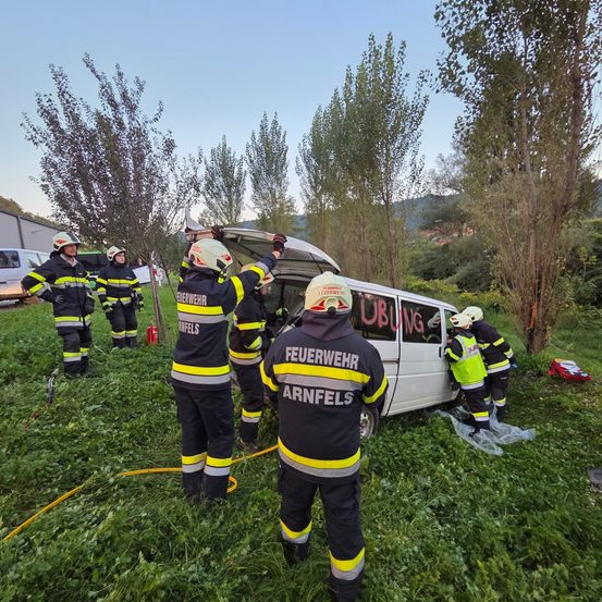 Eine Gruppe Feuerwehrleute in Schutzkleidung arbeitet daran, jemanden aus einem weißen Van zu retten, der auf seiner Seite in einem Grasfeld umgekippt ist. Bäume und ein Gebäude sind im Hintergrund zu sehen.