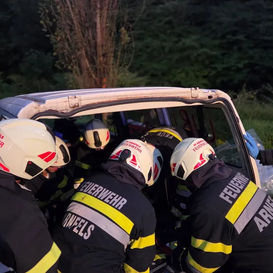 Feuerwehrleute in Helmen kümmern sich um ein Unfallfahrzeug. Das Auto weist sichtbare Schäden auf.
