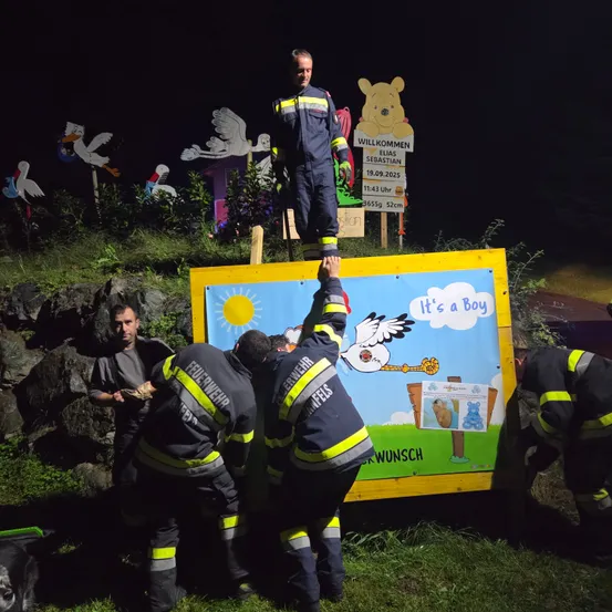 Feuerwehrleute in Uniformen installieren nachts ein gelbes Schild mit einem Babybild. Dahinter steht ein Schild mit einer Winnie-Pooh-Figur. Der Boden ist steinig und der Himmel dunkel.