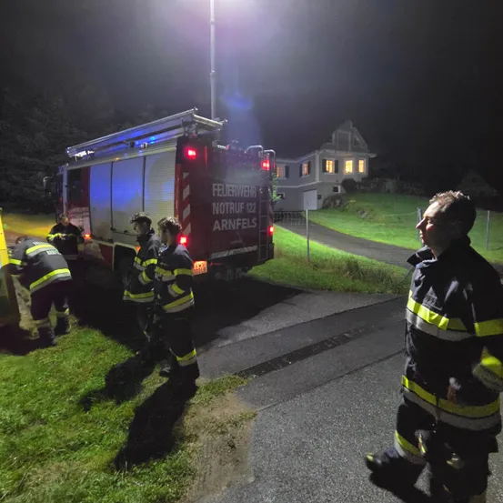 Feuerwehrleute sind um einen Feuerwehrwagen versammelt, wahrscheinlich im Einsatz bei Nacht. Der Feuerwehrwagen steht am Straßenrand.