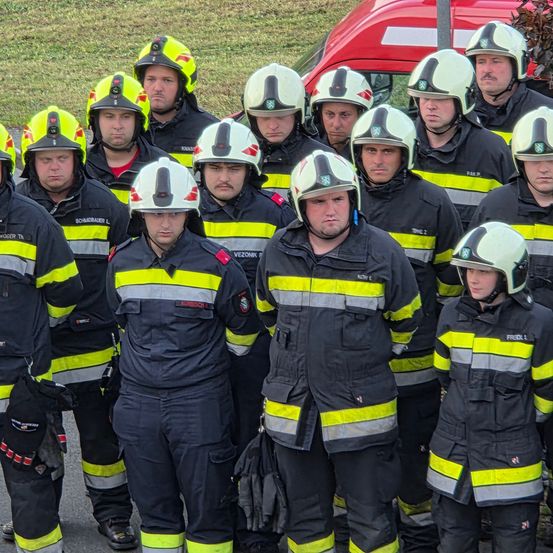 Eine Gruppe von Feuerwehrleuten in voller Uniform, in einer Reihe stehend, mit Helmen auf dem Kopf, hinter einem roten Feuerwehrfahrzeug auf einem Grasfeld.