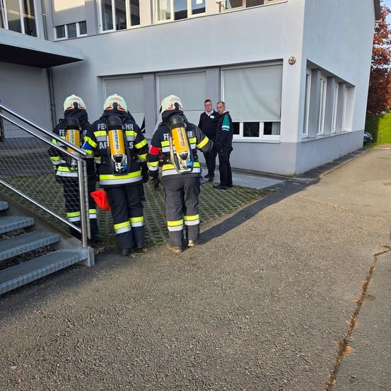 Fünf Feuerwehrleute in gelben und schwarzen Uniformen mit reflektierenden Streifen gehen auf ein Gebäude zu. Einer trägt einen Feuerlöscher. Zwei Männer stehen beim Eingang.