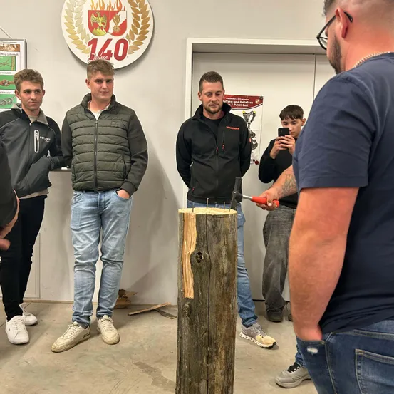 Fünf Männer stehen um einen Baumstumpf. Ein Mann schlägt Nägel in den Stumpf. Ein anderer Mann macht ein Foto mit seinem Handy.
