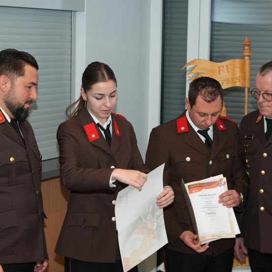 Eine Gruppe von vier Personen in braunen Uniformen, möglicherweise Offiziere, stehen um einen Schreibtisch herum. Eine Frau hält ein Papier und ein Zertifikat, während ein Mann rechts von ihr darauf schaut. Sie stehen in der Nähe eines Holzschilds mit 'FF FELS' darauf.