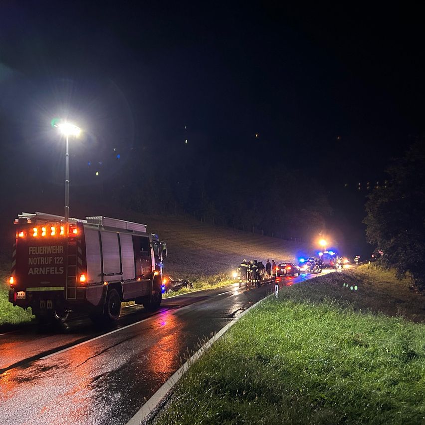 Ein Feuerwehrwagen mit eingeschalteten Warnlichtern steht nachts auf der nassen Straßenseite. Rettungskräfte sind um ein Auto und eine Person am Straßenrand versammelt.