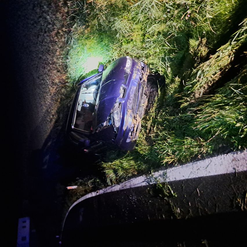 Ein lilafarbenes Auto ist von der Straße abgekommen, lehnt sich seitlich mit zerquetschter Front nach vorne und ist von hohem Gras umgeben.