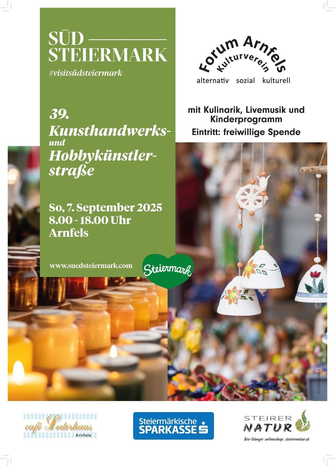 Plakat für die 39. Kunsthandwerker- und Hobbykünstler-Straße am 7. September 2025 von 8:00 Uhr bis 18:00 Uhr in Arnfels, mit grünem Hintergrund, Kerzengläsern und dekorativen Windspielen.