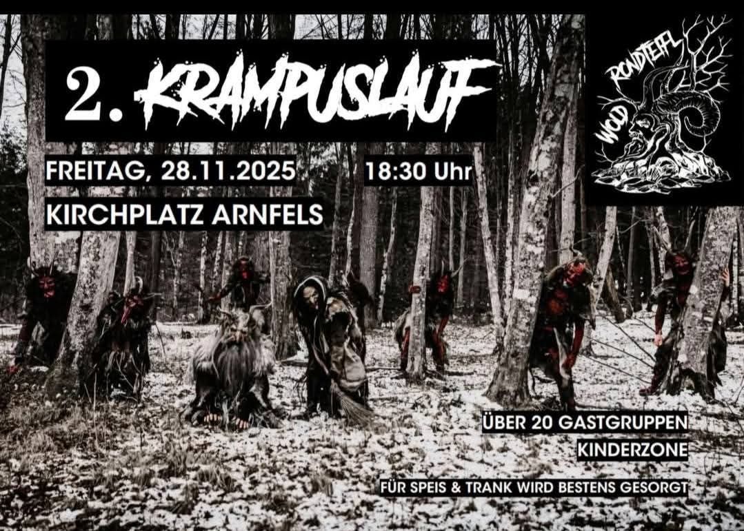 Ein Werbeplakat für eine Krampuslauf-Veranstaltung am 28.11.2025 um 18:30 Uhr. Es zeigt Personen in Kostümen in einer verschneiten Waldkulisse. Der Text lautet 'Über 20 Gäste, Kinder'. Rechts ist ein Logo abgebildet.