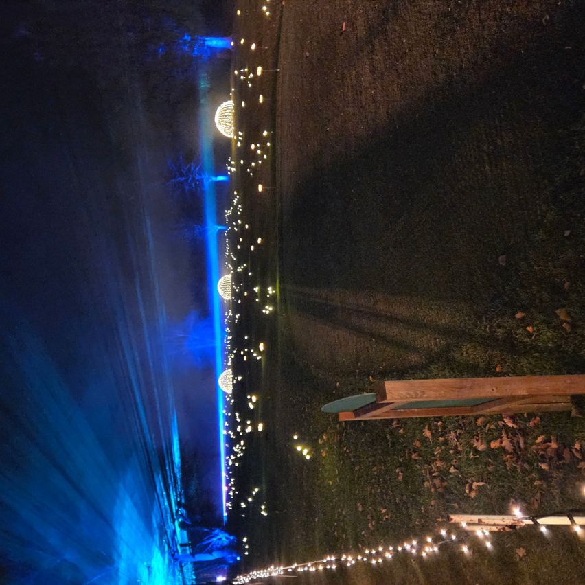 Eine nächtliche Landschaft mit blauer Beleuchtung und Lichterketten, die einen Rasenbereich schmücken, eine Holzstruktur ist auf der rechten Seite sichtbar.