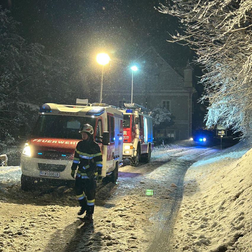 Ein Feuerwehrmann geht auf einer verschneiten Straße, mit zwei Feuerwehrwagen geparkt in der Nähe. Es gibt schneebedeckte Bäume und Gebäude auf beiden Seiten der Straße.