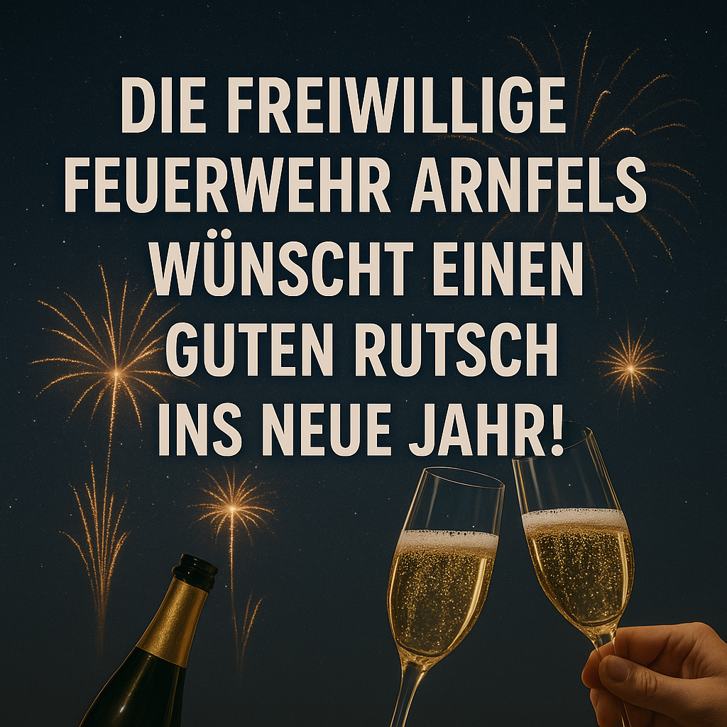 Ein Bild mit Feuerwerk im Hintergrund, Text 'Die Freiwillige Feuerwehr Arnfels wunscht einen guten Rutsch ins neue Jahr!' und zwei Hande, die Champagnerglaser halten.