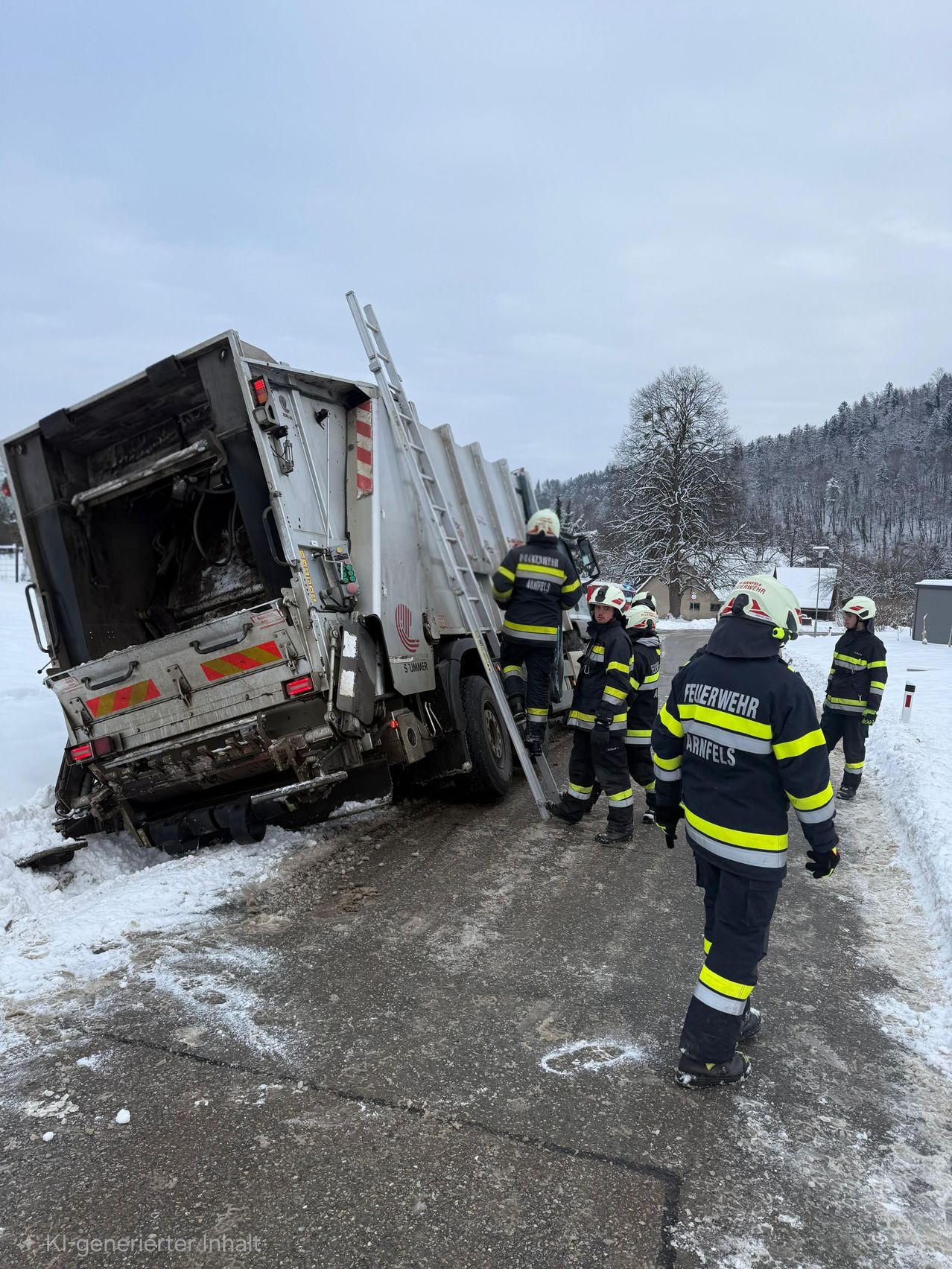 Feuerwehrleute kümmern sich um einen umgestürzten Lastwagen auf einer verschneiten Straße, wobei eine Person eine Leiter erklimmt und andere beobachten.