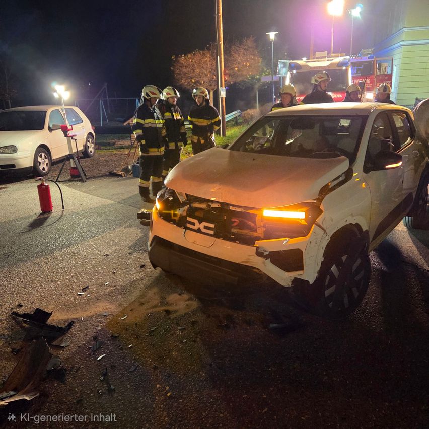 Feuerwehrleute stehen um einen weißen Pickup-Truck mit Frontschaden auf der Straße bei Nacht. Ein Feuerlöscher und ein weißes Auto sind in der Nähe.