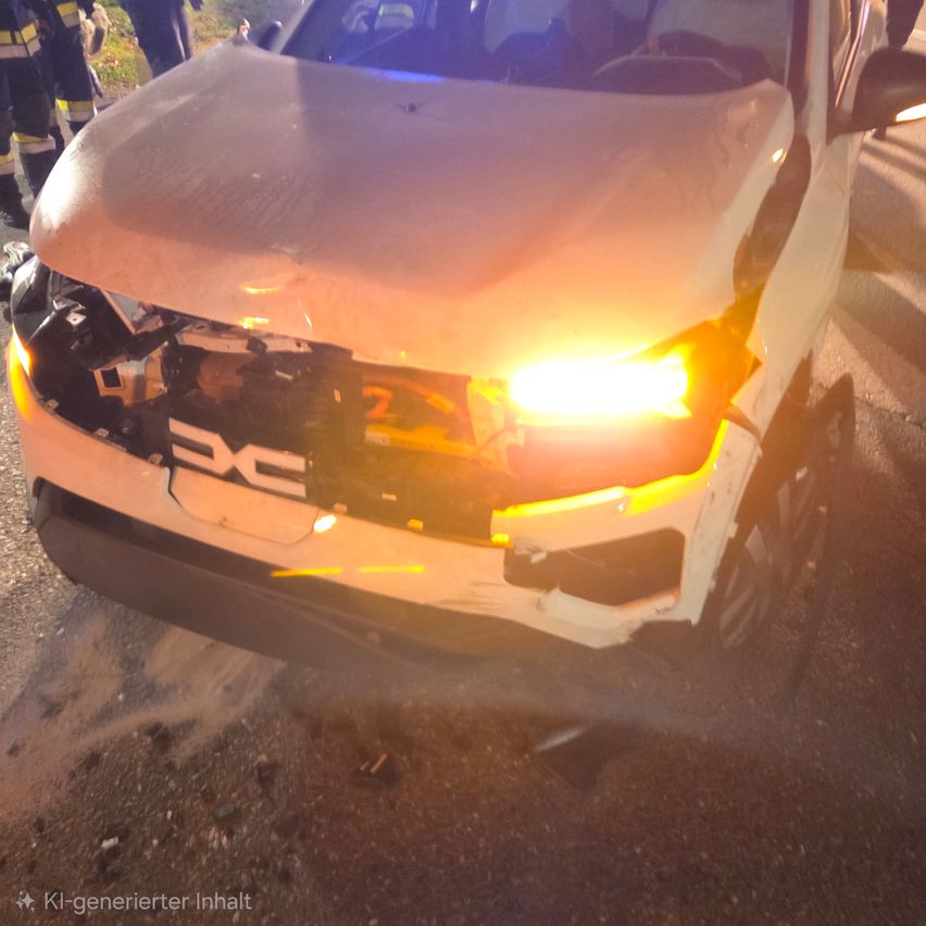 Ein weißer Wagen mit beschädigter Front, eingeschalteten Scheinwerfern und Notfallsanitätern in der Nähe.
